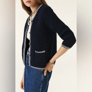 NEW  Ba&sh Geffrey Tweed Cardigan Navy Stripe Accents Cotton | size 0 / XS